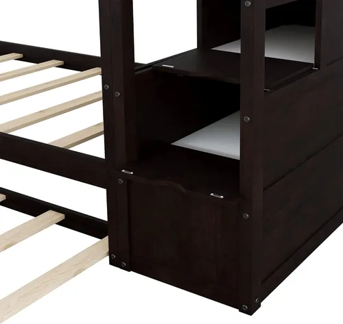Miniatura 7 de Litera individual sobre individual con nido de tamaño individual y 3 escaleras de almacenamiento, base de cama de madera con barandilla de seguridad
