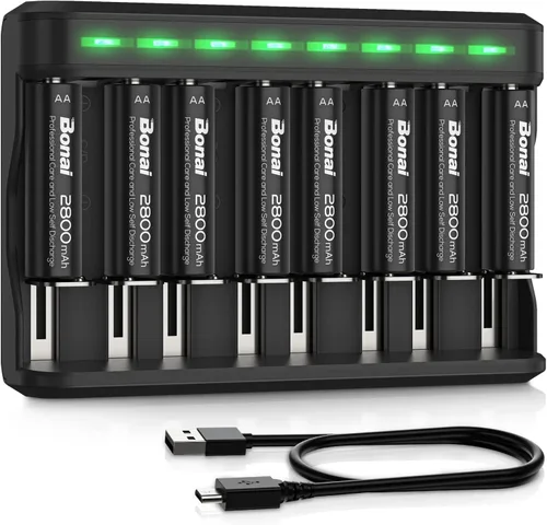 BONAI Baterías recargables AA 2800mAh 8pack con cargador inteligente para AA AAA C D NiMH batería