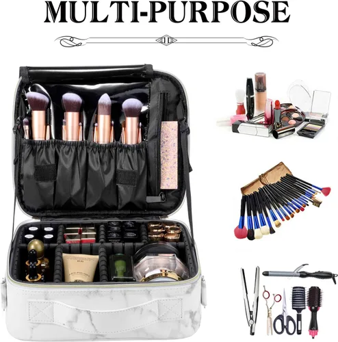 Miniatura 3 de Bolsa de maquillaje de viaje de 10.4 pulgadas, estuche portátil de maquillaje, organizador de bolsas de cosméticos con divisores ajustables y correa