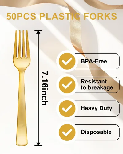 Miniatura 2 de YOUBET 50 tenedores de plástico dorado – Tenedores de plástico resistentes – cubiertos desechables dorados sólidos y duraderos para fiestas, picnic
