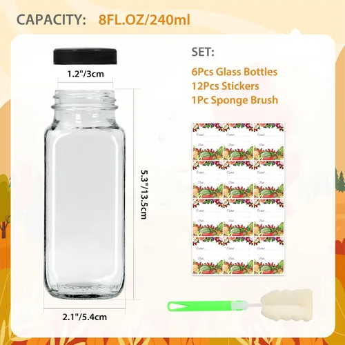 Miniatura 4 de AuroTrends Botellas de vidrio de 8 onzas con tapas, paquete de 6, botellas de vidrio de 8.5 fl oz para agua, kombucha, portátil, reutilizable, 8