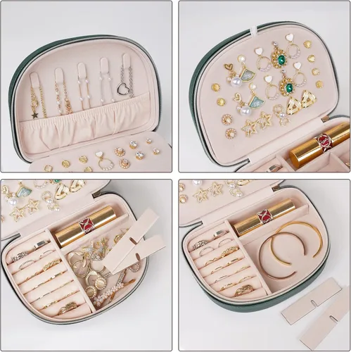 Miniatura 3 de ProCase Joyero de tamaño de viaje, pequeño estuche de joyería portátil en forma de concha, mini organizador de joyas de 2 capas en piel sintética