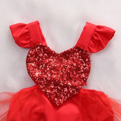 Miniatura 5 de Muasaaluxi Mameluco de San Valentín para niñas recién nacidas, vestido de tutú con manga volada, corazón y lentejuelas, traje de verano 0-3 años