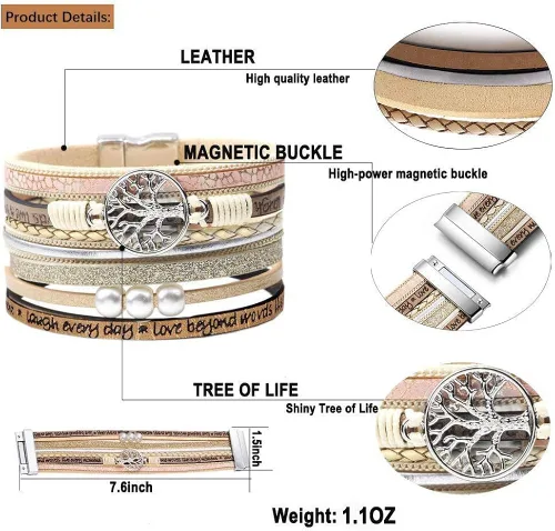 Miniatura 4 de Pulseras inspiradoras de cuero con árbol de la vida para mujeres, regalos de joyería para adolescentes y niñas, Metal, Circonita cúbica