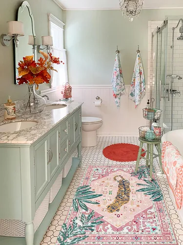 Miniatura 2 de Alfombras hippie, alfombras de 2 x 3 de lana sintética tropical rosa boho para baño, cocina, entrada interior pequeña. Alfombra moderna vintage