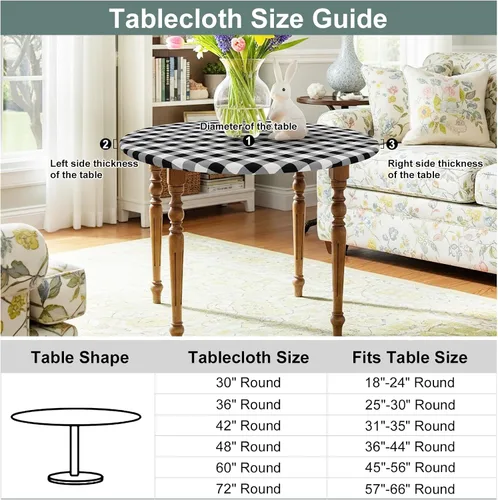 Miniatura 6 de misaya Mantel redondo ajustable con borde elástico, mantel de vinilo impermeable a cuadros de búfalo con parte trasera de franela para mesas