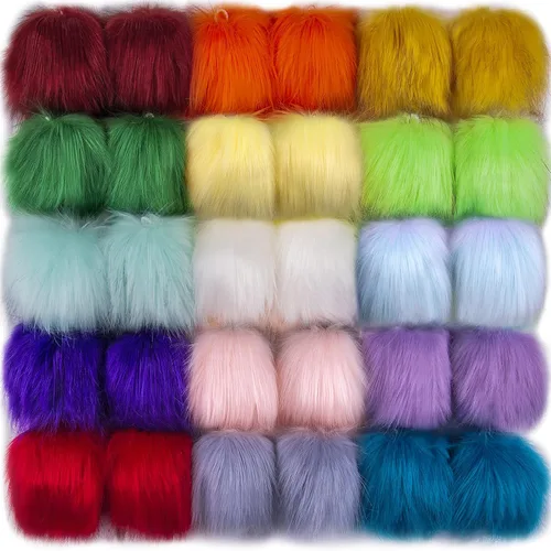 SIQUK 30 pompones de piel sintética de zorro sintético, pompones esponjosos con lazo elástico para sombreros, bufandas, guantes, bolsas, accesorios