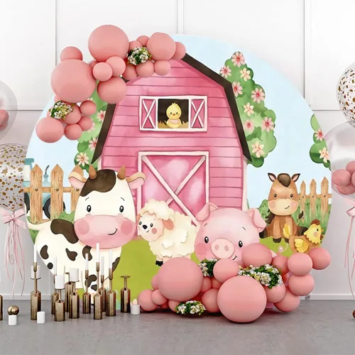 Miniatura 2 de Yeele Fondo redondo de dibujos animados de animales de granja de 6.5 x 6.5 pies para niños, granero rosa, granero, animales, vacas, cerdos, corral
