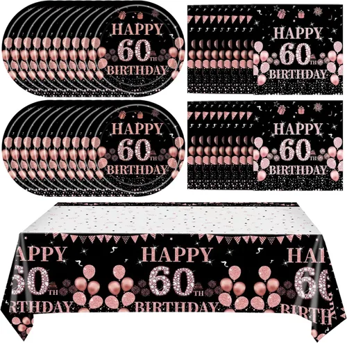 Miniatura 24 de Ryzovo - Decoraciones de cumpleaños 50 para mujer, platos de papel desechables negro y oro rosa, suministros de fiesta para 20 invitados, 41 piezas
