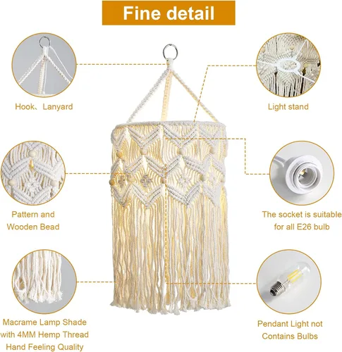Miniatura 3 de Bioaqua Pantalla de lámpara bohemia, pantalla colgante de macramé, lámparas bohemias hechas a mano con cable enchufable, lámpara colgante bohemia