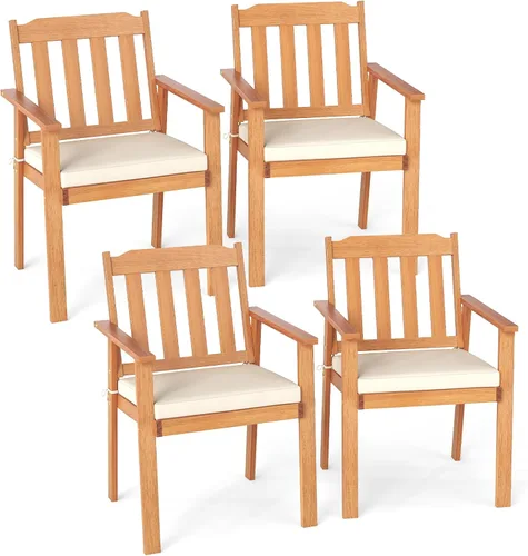 Miniatura 9 de Tangkula Juego de 2 sillas de patio de madera de acacia, sillones de comedor al aire libre con cojín suave y respaldo de listones, sillas de bistró