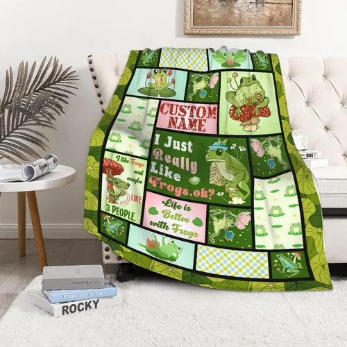 Miniatura 2 de Manta personalizada de collage de ranas con nombre, manta suave de franela personalizada para adultos y niños, regalo de cumpleaños, 30 x 40 pulgadas