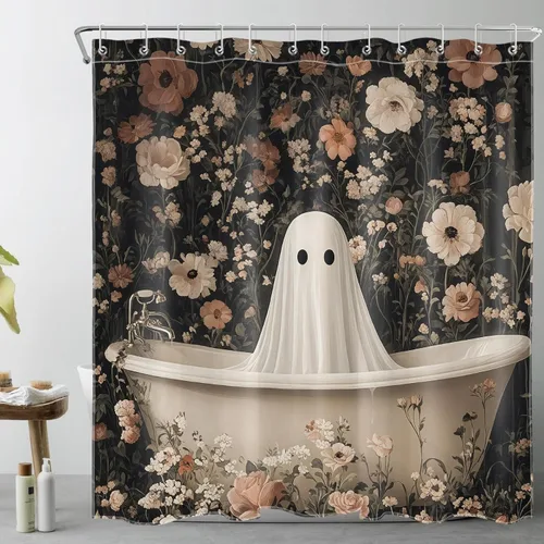Miniatura 12 de LB Cortina de ducha espeluznante de Halloween, árbol muerto espeluznante con tela de araña de murciélago, cortina de ducha de baño con temática