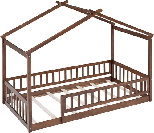 Miniatura 6 de Cama de casa tamaño individual con barandillas de valla, marco de cama de madera estilo Montessori para niños, divertidas camas de casa