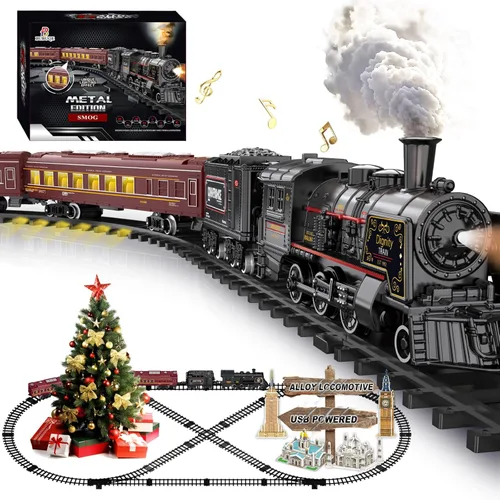 Miniatura 14 de Juego de tren para niños con control remoto, juguetes de tren con locomotora de vapor, tanque de combustible y pistas de lujo, trenes eléctricos