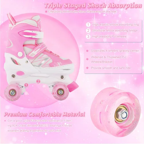 Miniatura 5 de Patines de ruedas para niños y niñas, niños pequeños, principiantes, ajustables, 4 tamaños, patines cuádruples para niños con todas las ruedas