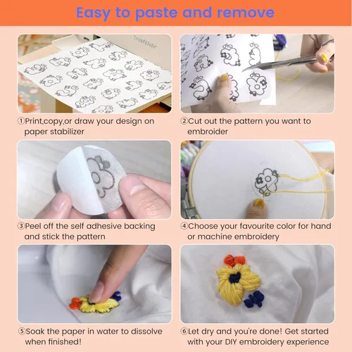 Miniatura 4 de craftido 8.5"x11" 6 piezas de estabilizador de bordado adhesivo soluble en agua con papel soluble imprimible de peso medio Permitido para imprimir