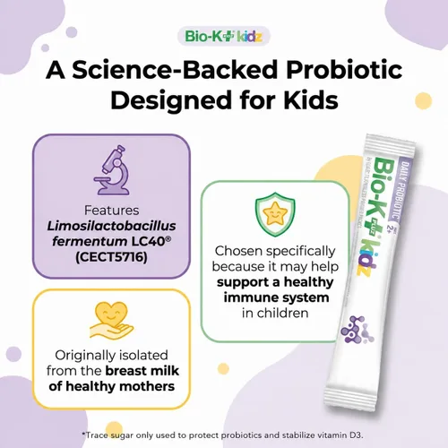 Miniatura 6 de Bio-K+ Kidz - Polvo probiótico para niños con vitamina D3, estable en el estante, sin OMG, sin gluten, 28 paquetes de una sola porción