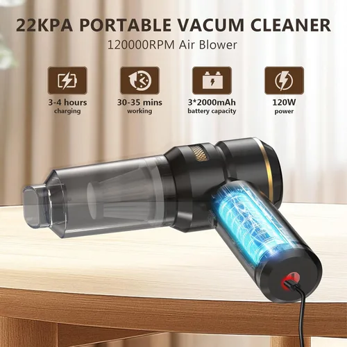 Miniatura 3 de Aspiradora de mano inalámbrica para automóvil, succión fuerte de 22000 Pa con motor sin escobillas, filtro HEPA, filtro de metal lavable adicional