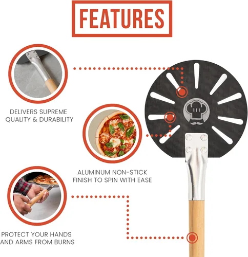 Miniatura 3 de Chef Pomodoro Pala giratoria de aluminio para pizza con mango de madera para un fácil almacenamiento, espátula perforada para pizza, paleta gourmet