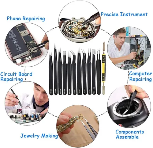 Miniatura 4 de Juego de pinzas de precisión, 12 piezas antiestáticas de acero inoxidable ESD para reparación de electrónica, soldadura, manualidades, joyería