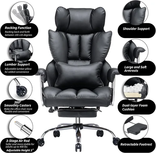 Miniatura 2 de Efomao Silla de oficina grande y alta, 400 libras, silla ejecutiva de respaldo alto con base giratoria, tapicería de piel sintética, almohada