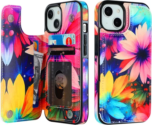 Miniatura 17 de HAOPINSH Funda tipo cartera para iPhone 14 con portarjetas, diseño de girasoles de bandera americana, tapa trasera abatible, folio, piel sintética