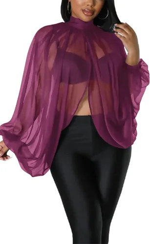 Miniatura 7 de Tops Sexys para Mujer Fiesta Club Noche con Mangas de Murciélago de Gasa Transparente con Lazo Trasero en la Parte Frontal Camisas de Mujer Casuales