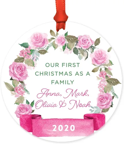 Miniatura 14 de Andaz Press Adorno de Navidad de madera grabado con láser para aniversario de boda, 1 año juntos, Navidad 2025, pancarta de flores rosas, 1 paquete
