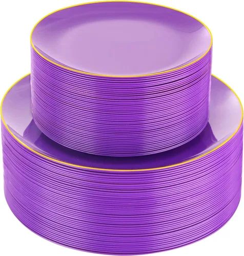 Miniatura 17 de PULOTE 100 piezas de platos de plástico verde - Platos desechables verdes con borde dorado - Incluye 50 piezas de cena de 10.25 pulgadas, 50 piezas