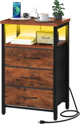 Yoobure Mesita de noche con estación de carga, mesita de noche LED de 16 colores con puertos USB y tomacorrientes, mesa auxiliar con 3 cajones de