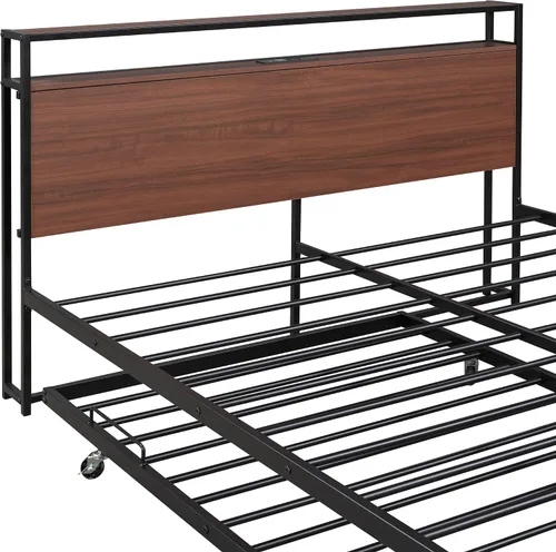 Miniatura 9 de Harper & Bright Designs Cama de plataforma Queen con nido y puertos USB, marco de cama Queen de metal con cabecera de almacenamiento y soporte