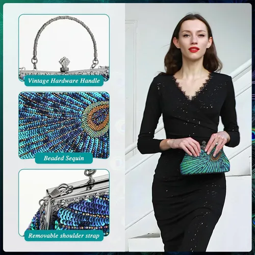 Miniatura 4 de UBORSE Bolsos de embrague de noche de pavo real con lentejuelas con cuentas Bolso de noche vintage Bolso de boda de fiesta de 1920