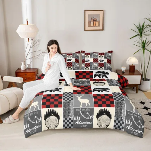 Miniatura 72 de Juego de edredón de oso y ciervo, tamaño individual, ropa de cama de animales salvajes de caza, colcha rústica de cabaña, casa de campo, cuadros