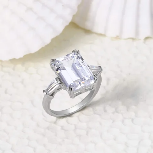 Miniatura 8 de Anillo de compromiso de plata de ley 925 chapada en oro amarillo de 14 quilates circonita cúbica AAA corte esmeralda estilo Art Deco para mujer