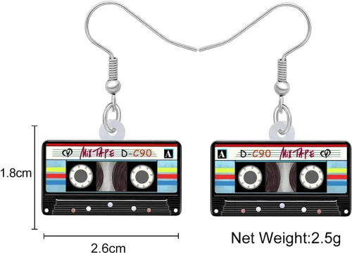 Miniatura 4 de Aretes de cinta de casete nostálgicos de los años 80 y 90 de acrílico cuelgan música clásica joyería de audio para mujeres, regalos