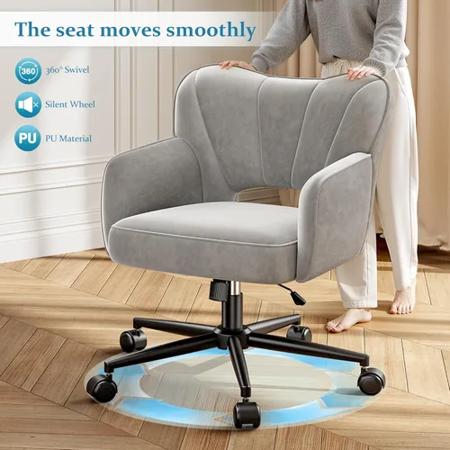 Miniatura 9 de DurayLoly Silla de tocador con ruedas y respaldo, silla de tocador de altura ajustable, sillas de escritorio cómodas para maquillaje, trabajo y Gris
