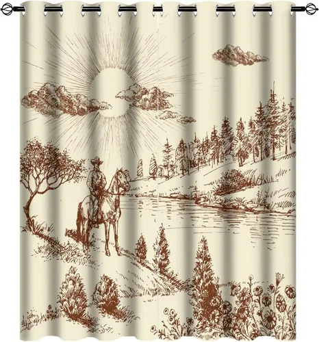 Miniatura 27 de Cortinas opacas retro de vaquero occidental para dormitorio, estilo rústico, cactus, salvaje oeste, vaquero, paseo, caballo, con ojales, aislamiento