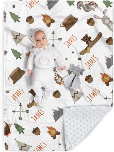 Miniatura 15 de Manta de bebé personalizada, nombre personalizado con diseño de animales del bosque, manta de felpa suave con respaldo punteado de doble capa