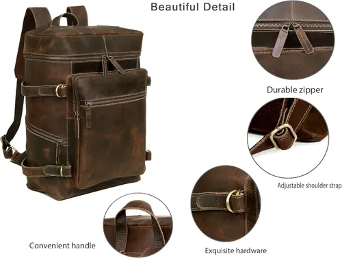 Miniatura 2 de HLC Mochila de cuero genuino para computadora portátil para hombres y mujeres, mochila genuina de gran capacidad, para negocios, retro, viajes