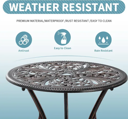 Miniatura 4 de Juego de mesa de bistró de 3 piezas de aluminio fundido para exteriores, mesa y sillas para exteriores para todo tipo de clima con agujero