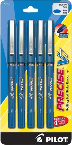 PILOT Precise V7 - Bolígrafos de bola de punta fina de 1/32 de pulgada (0.7mm), tinta azul líquida, paquete de 5 (26021)