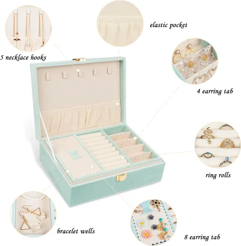 Miniatura 2 de Joyero organizador de 2 capas para mujeres y niñas, estuche de almacenamiento para aretes, anillos, collares, regalo para mujeres (verde)