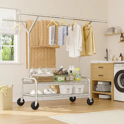 Miniatura 2 de Raybee Perchero de ropa resistente con carga de 500 libras, perchero con ruedas, doble barra para colgar ropa, perchero comercial portátil