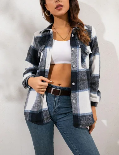 Miniatura 27 de Tanming - Chaquetas de franela cepillada para mujer, a cuadros, con botones, solapas y bolsillos, camisa tipo chaqueta