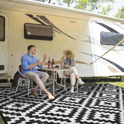 Miniatura 19 de Alfombra de paja de plástico para patio al aire libre, 5 x 8 pies, impermeable, reversible, alfombra de área, patio, caravana, porche, balcón, Azul