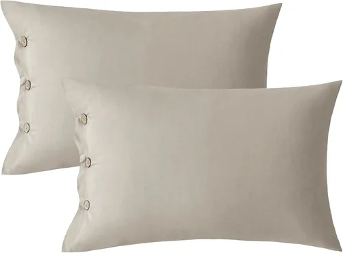 JELLYMONI Juego de 2 fundas de almohada estándar de algodón con botones de 20 x 26 pulgadas, fundas de almohada de lino gris, 100% algodón lavado,