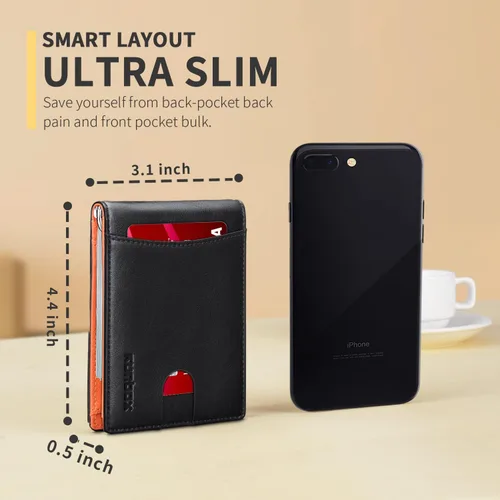 Miniatura 6 de RUNBOX - Cartera minimalista y delgada para hombre con clip de dinero, bloqueo RFID y piel para bolsillo frontal