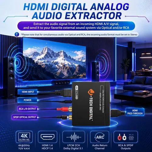 Miniatura 4 de J-Tech - Convertidor de extractor de audio HDMI digital 4K 60Hz con óptica SPDIF, 3 modos de audio EDID, paso HDCP y soporte de sistema AV heredado