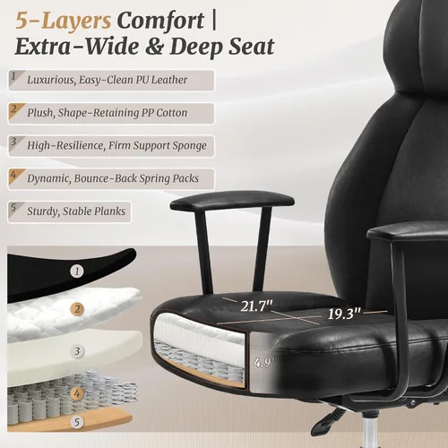 Miniatura 5 de Cozyman Silla ergonómica de piel sintética para oficina en casa, silla de escritorio ejecutiva de respaldo alto con cojín de 5 capas, respaldo Negro